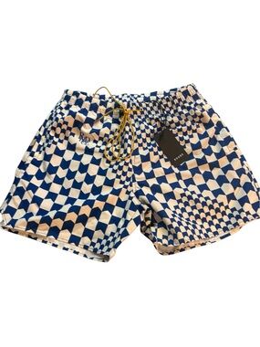 Rhude Blue & Cream Optical Check Swim Trunks with Gold Drawcord
